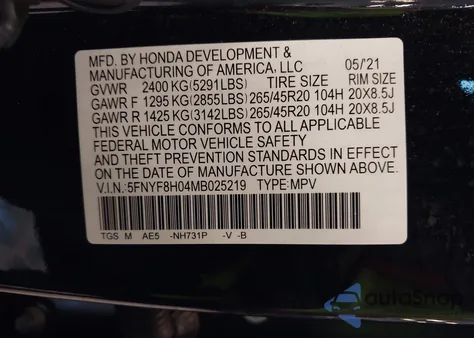 2021 Honda Passport Awd Elite from USA, damaged, VIN 5FNYF8H04MB025219